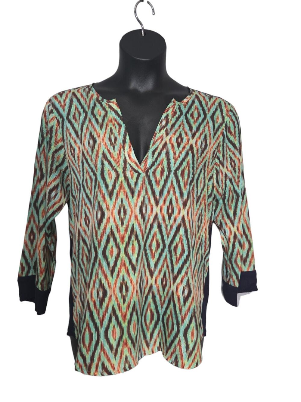 Collective Concepts Ikat Roll-Tab Sleeve Split-Neck Blouse Sz L